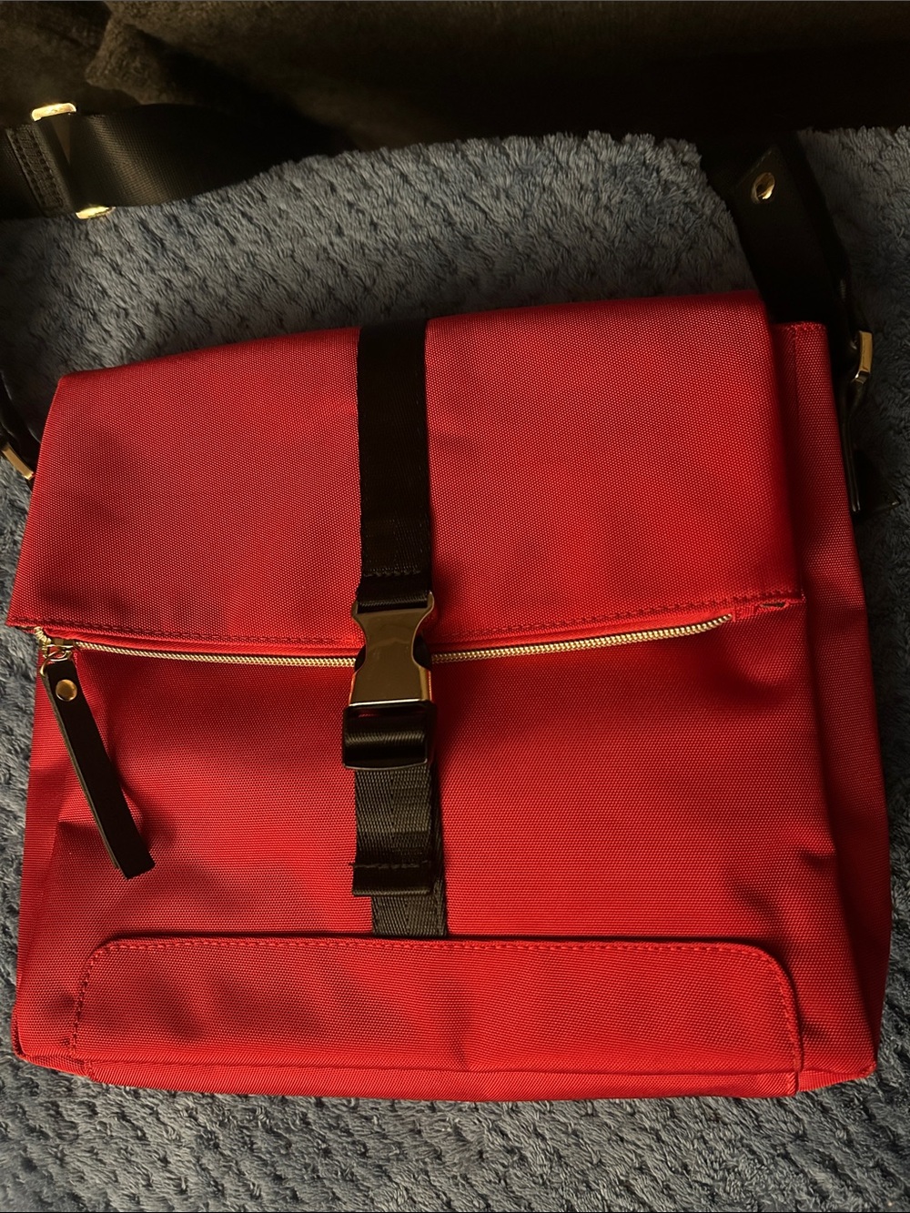 Bugatti Red Messenger Bag with Black Strap and Gold Hardware